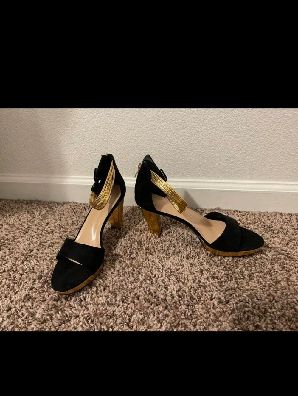 Black and Gold High Heel Ankle-Strap Sandals
